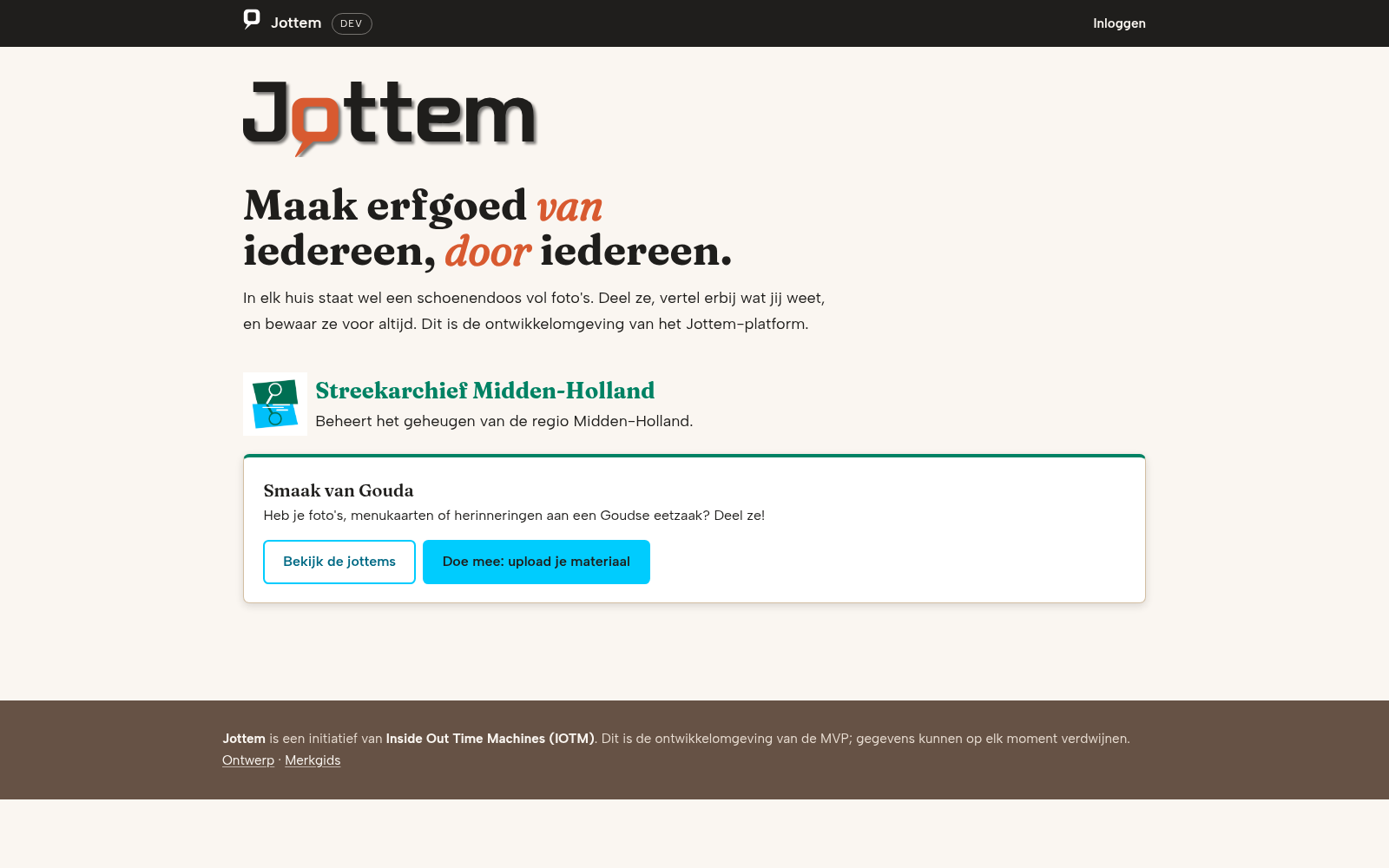 Homepage van dev.iotm.nl met het project Smaak van Gouda